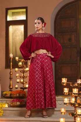 embellished crop length velvet woven women's clothing set - fuchsia