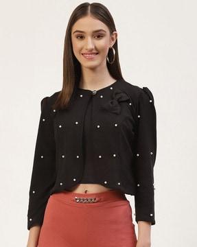 embellished crop shrug with bow accent