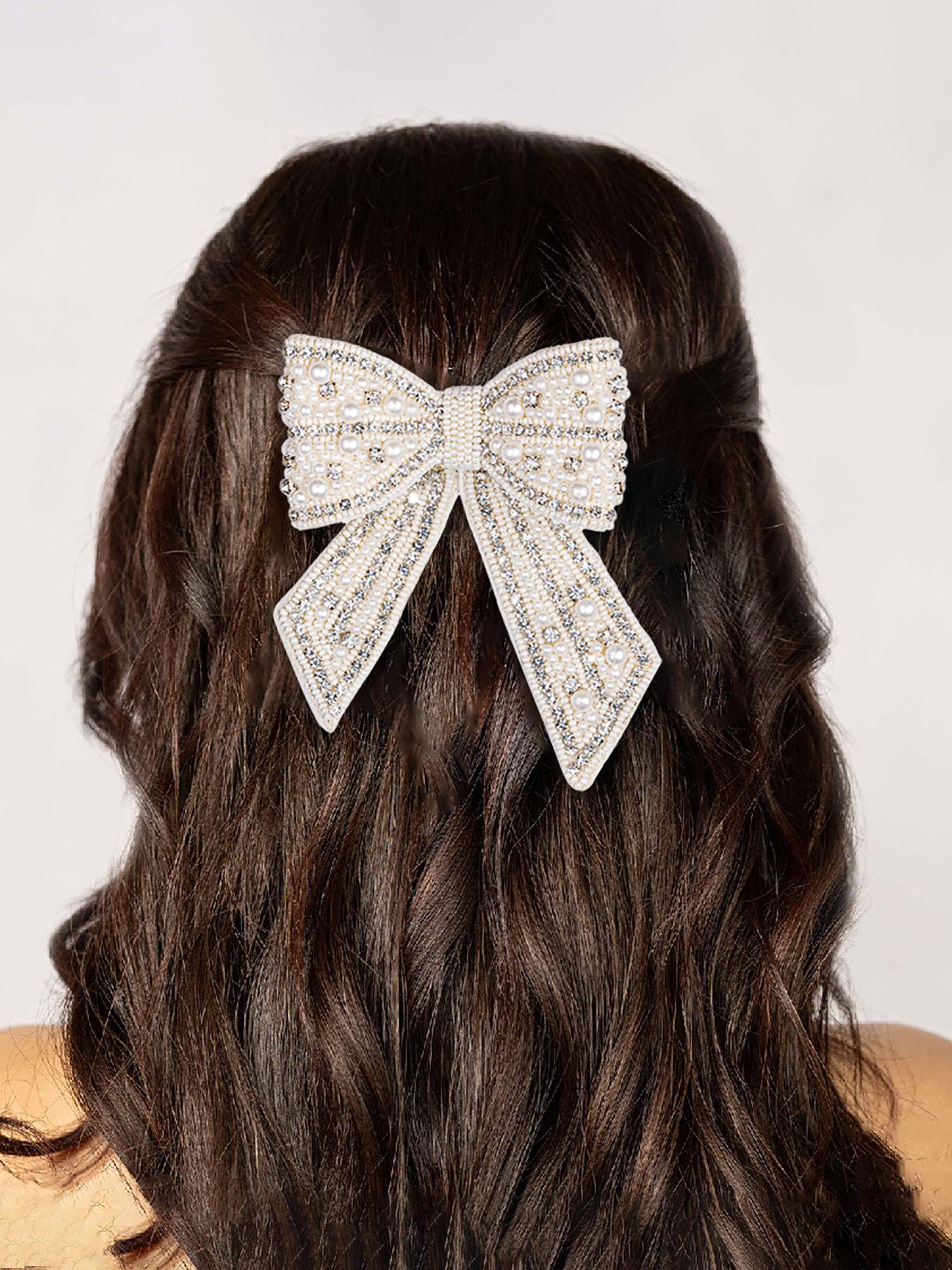 embellished crystal & pearl hair bow barrette clip - off white