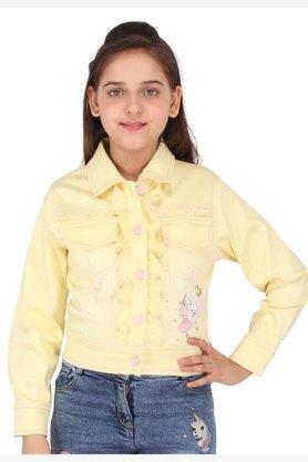 embellished denim collared neck girls jacket - yellow