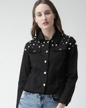 embellished denim jacket with flap pockets