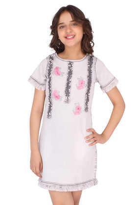 embellished denim round neck girls casual wear dress - grey