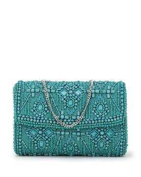 embellished envelope clutch with chain strap