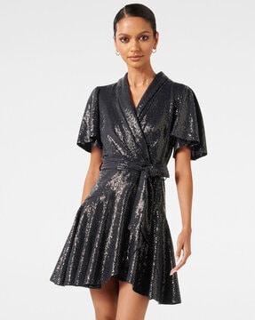 embellished fit & flare dress with belt