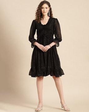 embellished fit & flare dress with ruffle detail