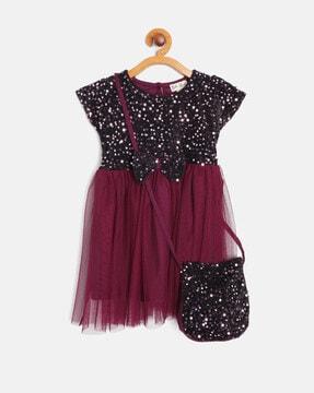 embellished fit & flare dress with sling bag