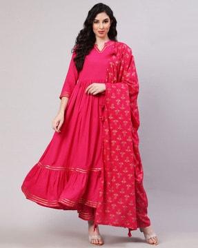 embellished flared kurta & pants with dupatta set