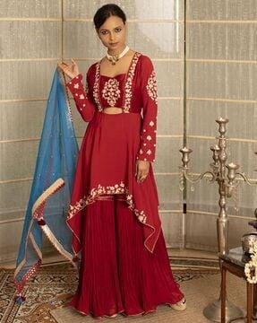 embellished flared kurta set with dupatta