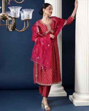 embellished flared kurta set with dupatta