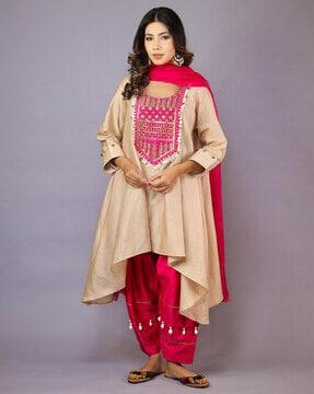 embellished flared kurta with palazzos & dupatta