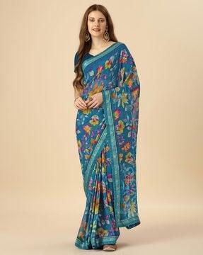 embellished floral print georgette saree with thin border