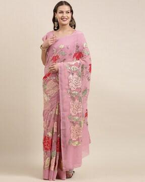 embellished floral print saree with blouse piece