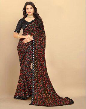 embellished floral print saree with zari border