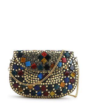 embellished foldover clutch with detachable chain