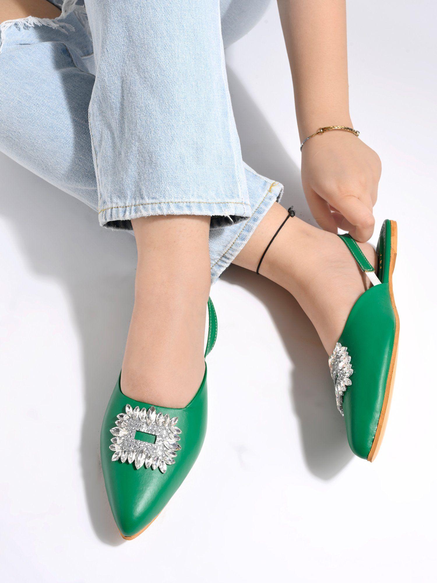 embellished front studded buckle green mules for women & girls