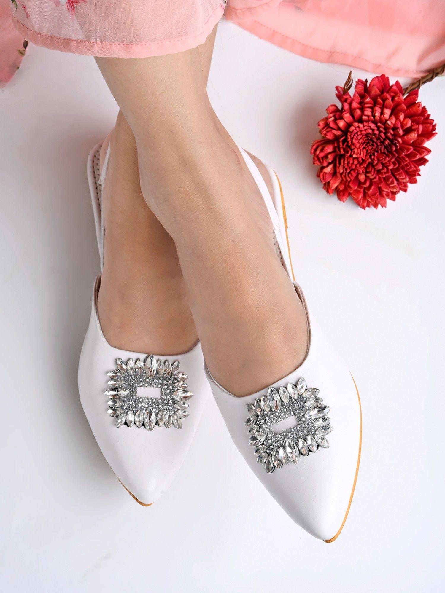 embellished front studded buckle white mules for women and girls