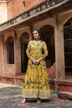 embellished full length organza woven women's gota work gathered angrakha gown - lime green