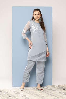embellished full length silk knitted women's kurta set - grey