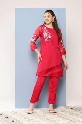embellished full length silk knitted women's kurta set - pink