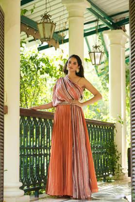 embellished full length silk woven women's gown - rust