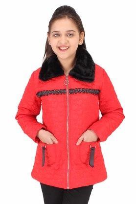 embellished fur and polyester collar neck girls jacket - red
