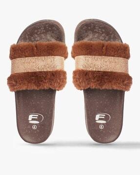 embellished fur flip-flops