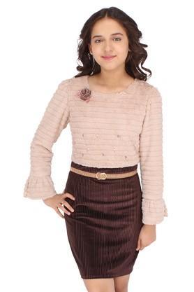 embellished fur round neck girls casual dress - brown