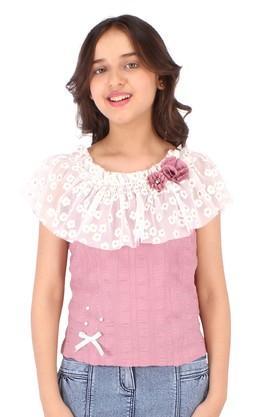 embellished georgette & net round neck girls tops - dusty pink