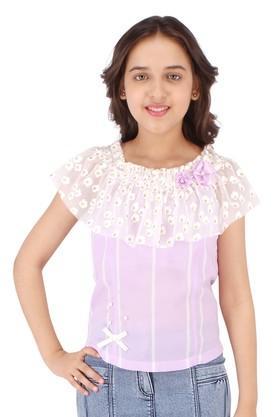 embellished georgette & net round neck girls tops - purple