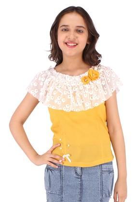 embellished georgette & net round neck girls tops - yellow