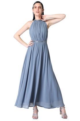 embellished georgette halter neck women's regular dress - blue