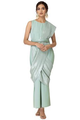 embellished georgette regular fit women's ankle length draped saree with attached blouse - green