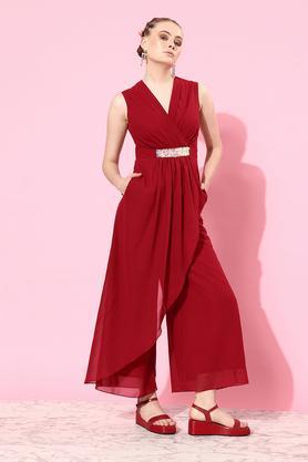 embellished georgette relaxed fit women's jumpsuit - maroon