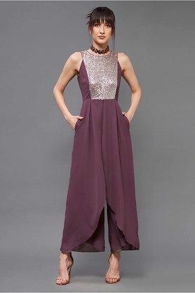 embellished georgette relaxed fit womens regular jumpsuit - mauve