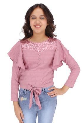 embellished georgette round neck girls top - dusty pink