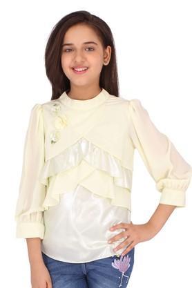 embellished georgette round neck girls top - yellow