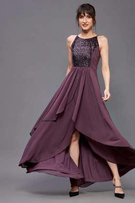 embellished georgette round neck women's maxi dress - mauve