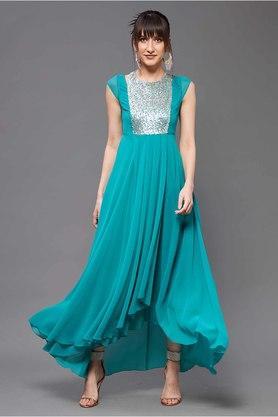 embellished georgette round neck womens maxi dress - turquoise