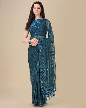 embellished georgette saree with tassels