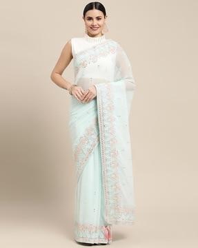 embellished georgette saree with tassels