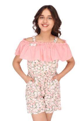 embellished georgette square neck girls casual wear jumpsuit - peach