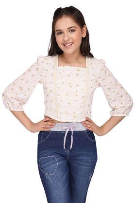 embellished georgette square neck girls top - cream