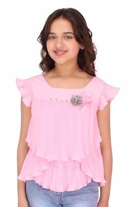 embellished georgette square neck girls tops - pink