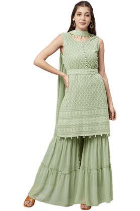 embellished georgette women's kurta palazzo dupatta set - green