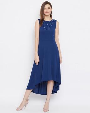 embellished gown dress with asymmetrical hemline