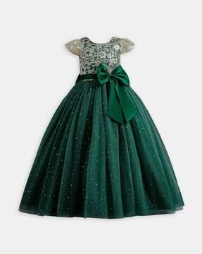 embellished gown with bow applique