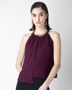 embellished halter-neck asymmetric top