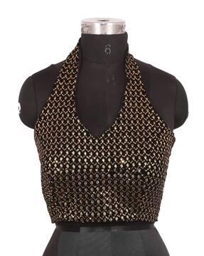 embellished halter-neck back-open blouse