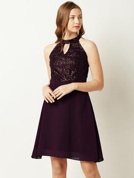 embellished halter-neck skater dress