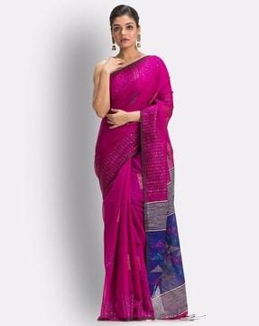 embellished handloom jamdani saree with tassels